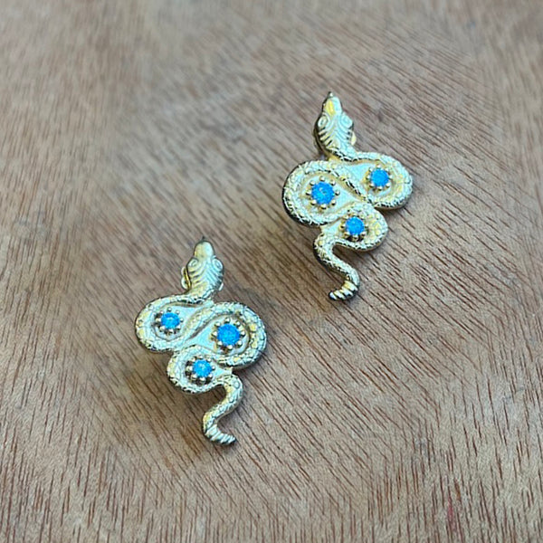 Golden Serpent Earrings - Baby Blue