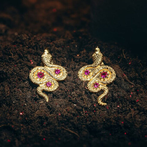 Golden Serpent Earrings - Pink Rubellite
