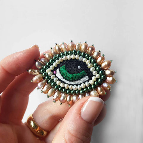 Hand Embroidered Pearl Eye Brooch