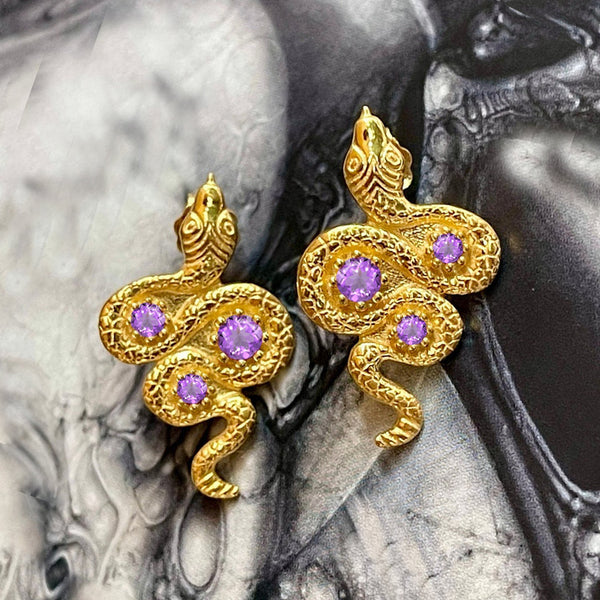 Serpent Stud Earrings - Golden Amethyst