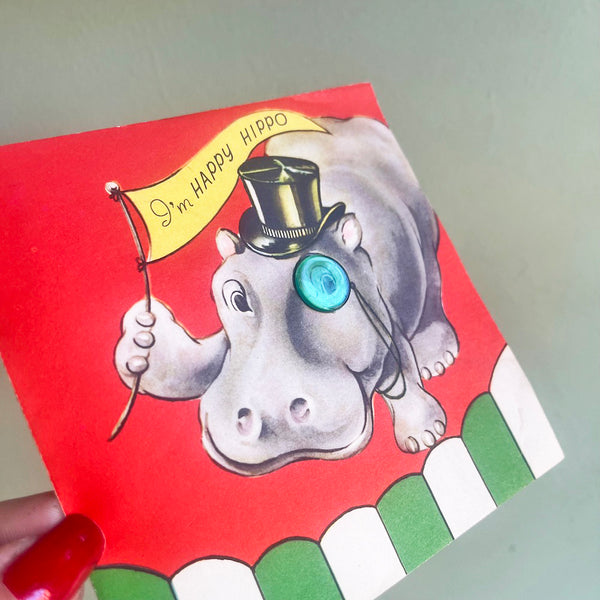 Happy Hippo Vintage Birthday Card