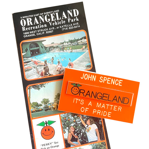 Orangeland California Postcard & Name Tag - Vintage 1970's