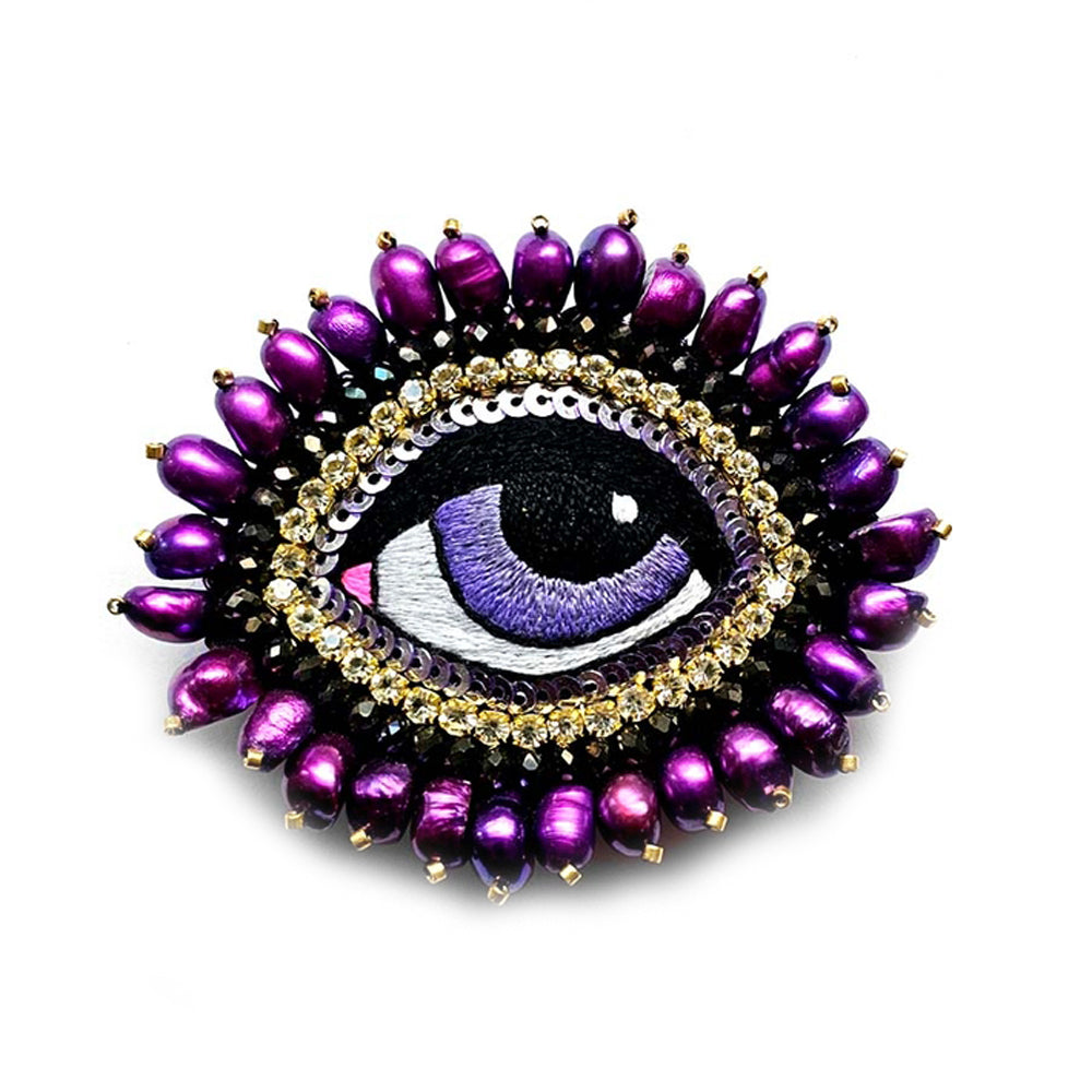 Hand Embroidered Purple Eye Brooch