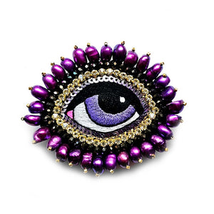 Hand Embroidered Purple Eye Brooch