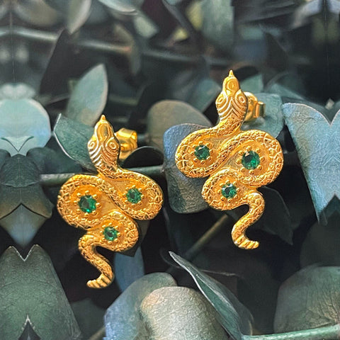 Golden Serpent Earrings - Green Emerald