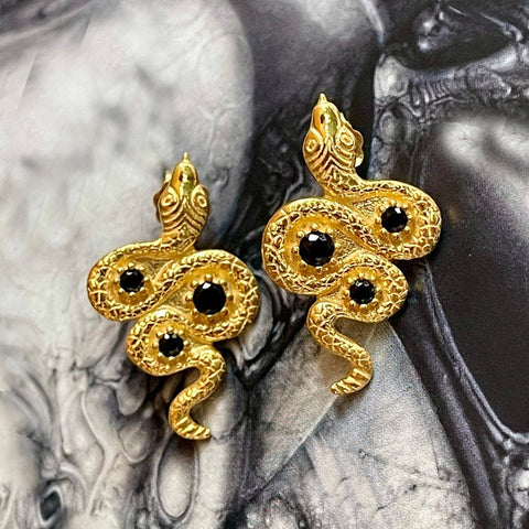 Golden Serpent Earrings - Black Onyx