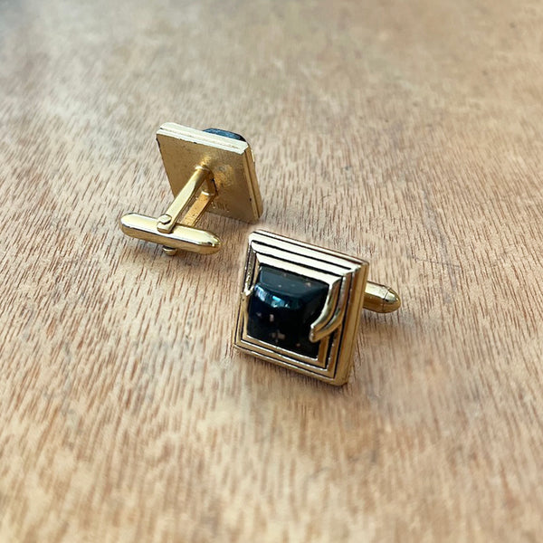 Onyx & Gold Speck Cufflinks  - Vintage 1950's