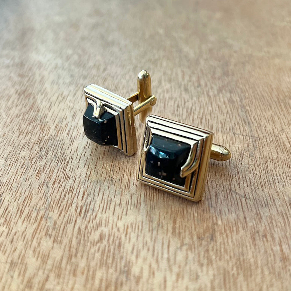 Onyx & Gold Speck Cufflinks  - Vintage 1950's