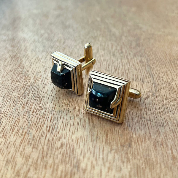 Onyx & Gold Speck Cufflinks  - Vintage 1950's