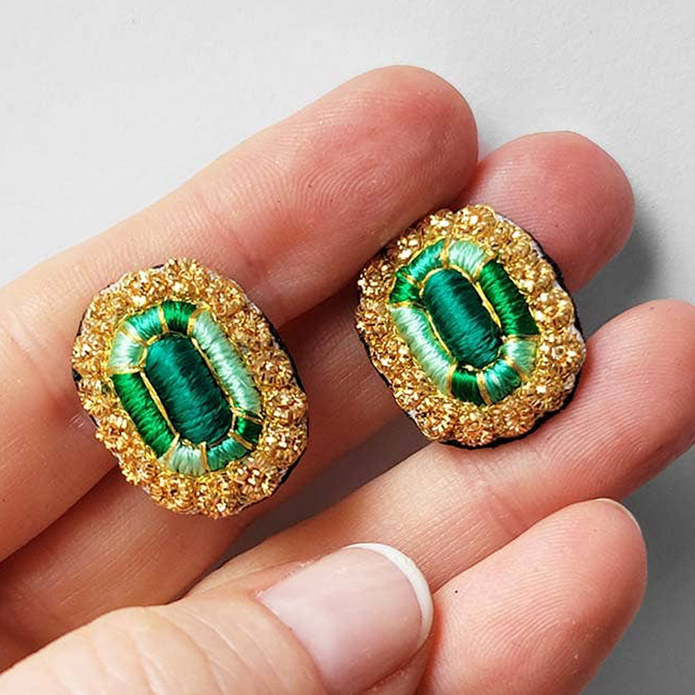 Hand Embroidered Emerald Earrings
